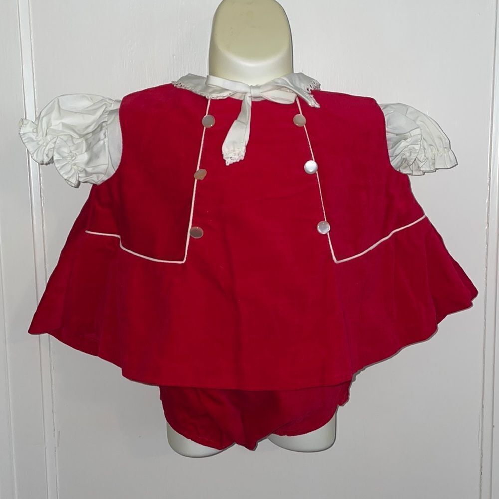 Vtg Christmas 3 piece red/white red‎ velvet outfit with white shirt diaper pants